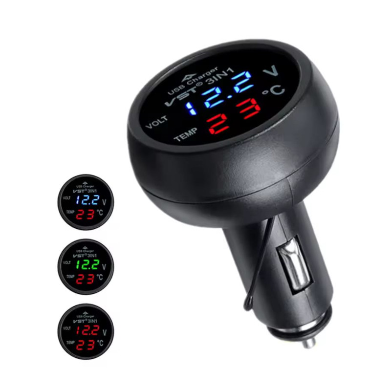 3-in-1 USB Car Charger + Voltmeter + Thermometer